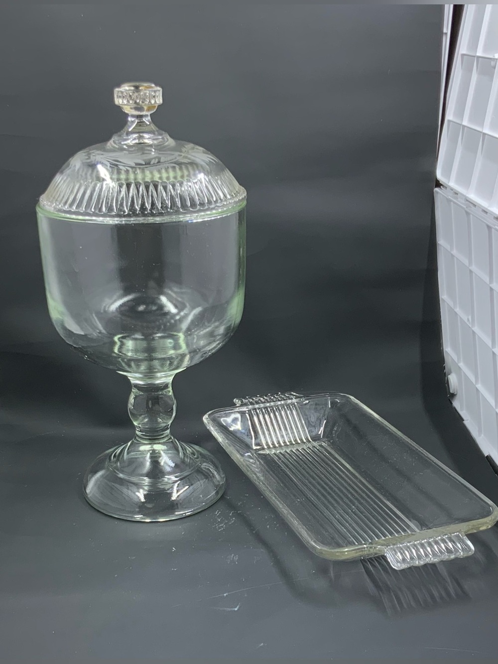 Vintage Clear Glass Apothecary Jar with Lid and Clear Glass Tray
